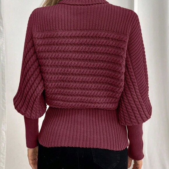 Burgundy Women's Casual Turtleneck Cable Knit Oversized Pullover Sweater - Picture 2 of 6